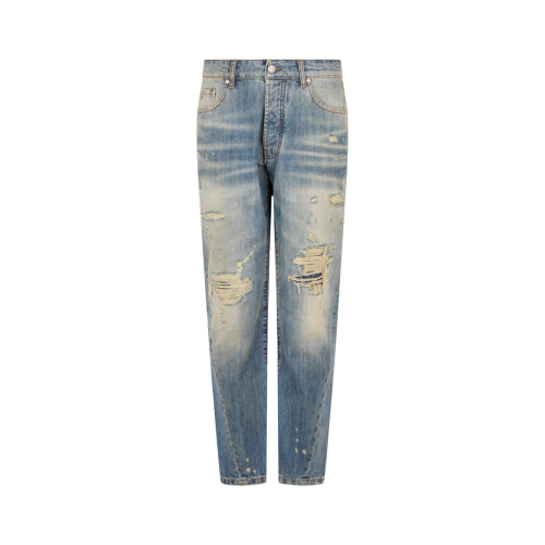 John Richmond Blue Distressed Straight-Leg Jeans.