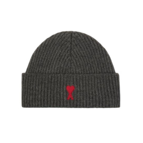 AMI Paris Grey Ami de Cur Ribbed Beanie.