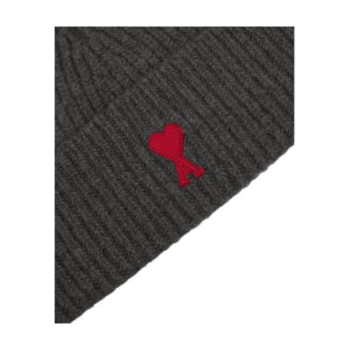 AMI Paris Grey Ami de Cur Ribbed Beanie.