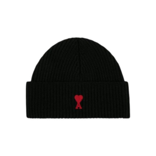 AMI Paris Black Ami de Cur Ribbed Beanie.
