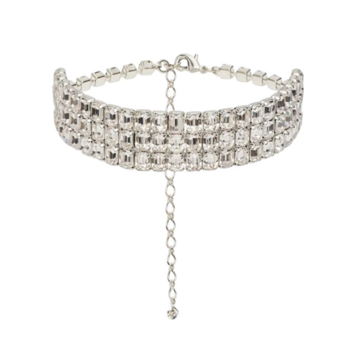Choker-style necklace set with rows of baguette-cut crystals framed by delicate pav accents.