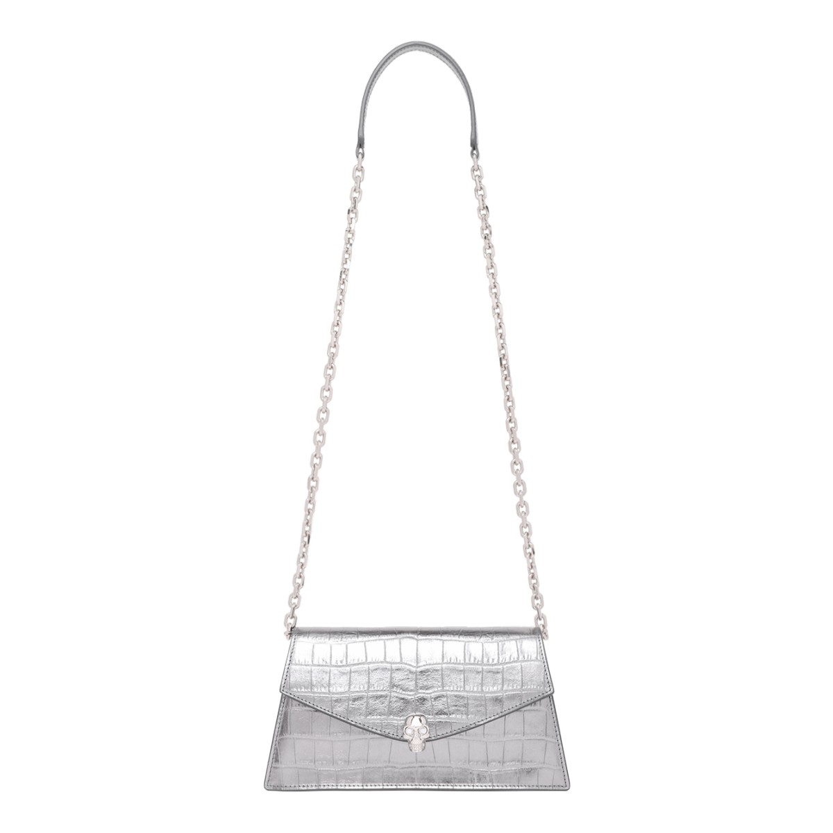 Alexander McQueen Silver Croc-Effect Shoulder Bag.