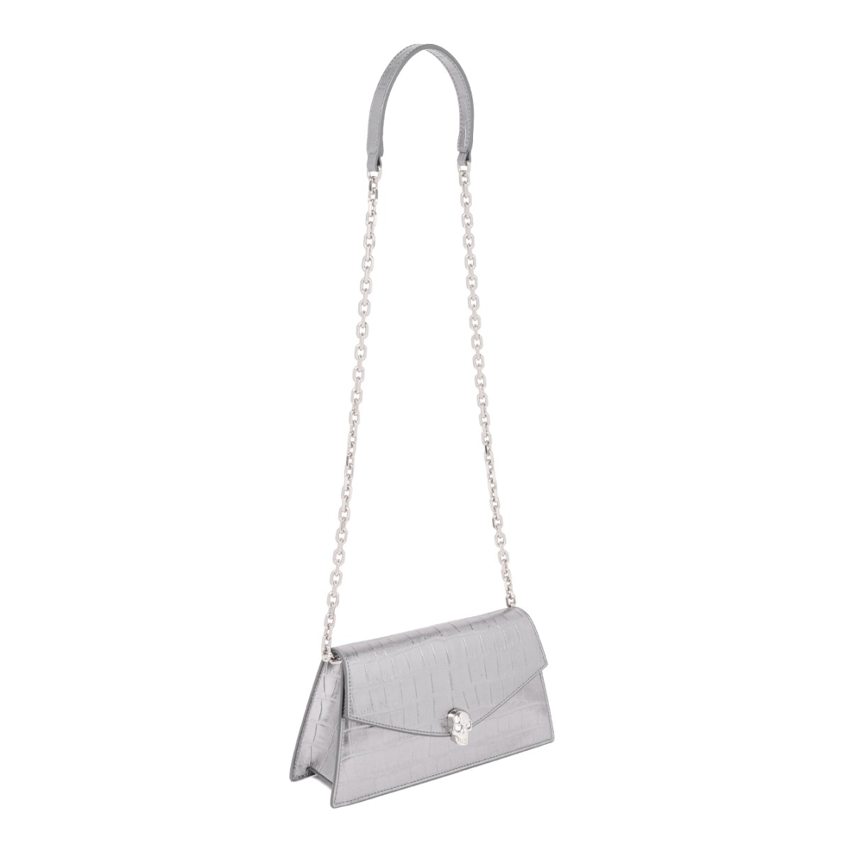 Alexander McQueen Silver Croc-Effect Shoulder Bag.