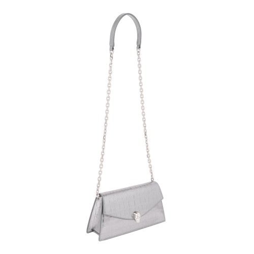 Alexander McQueen Silver Croc-Effect Shoulder Bag.