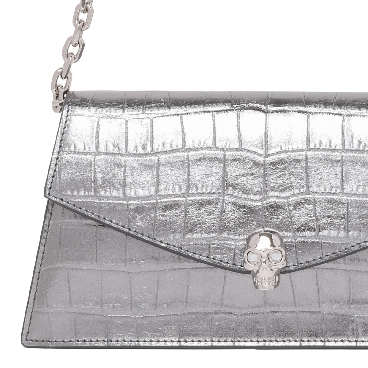 Alexander McQueen Silver Croc-Effect Shoulder Bag.