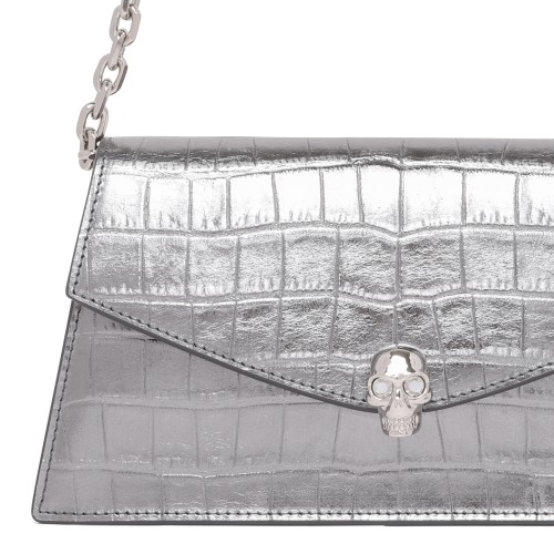 Alexander McQueen Silver Croc-Effect Shoulder Bag.
