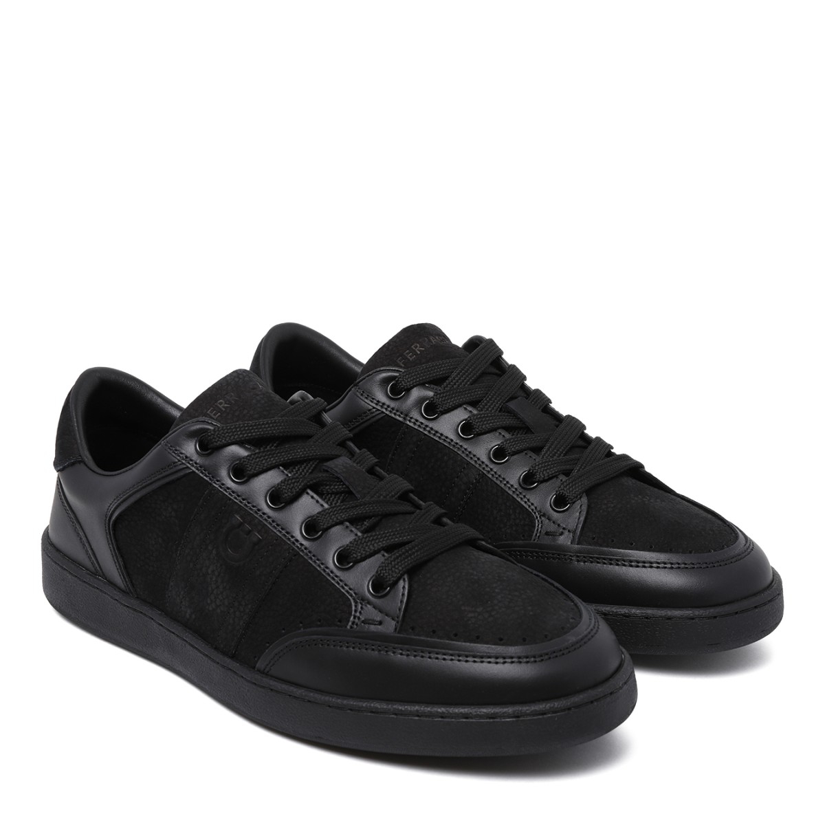 Ferragamo Black Leather Low-Top Sneakers.