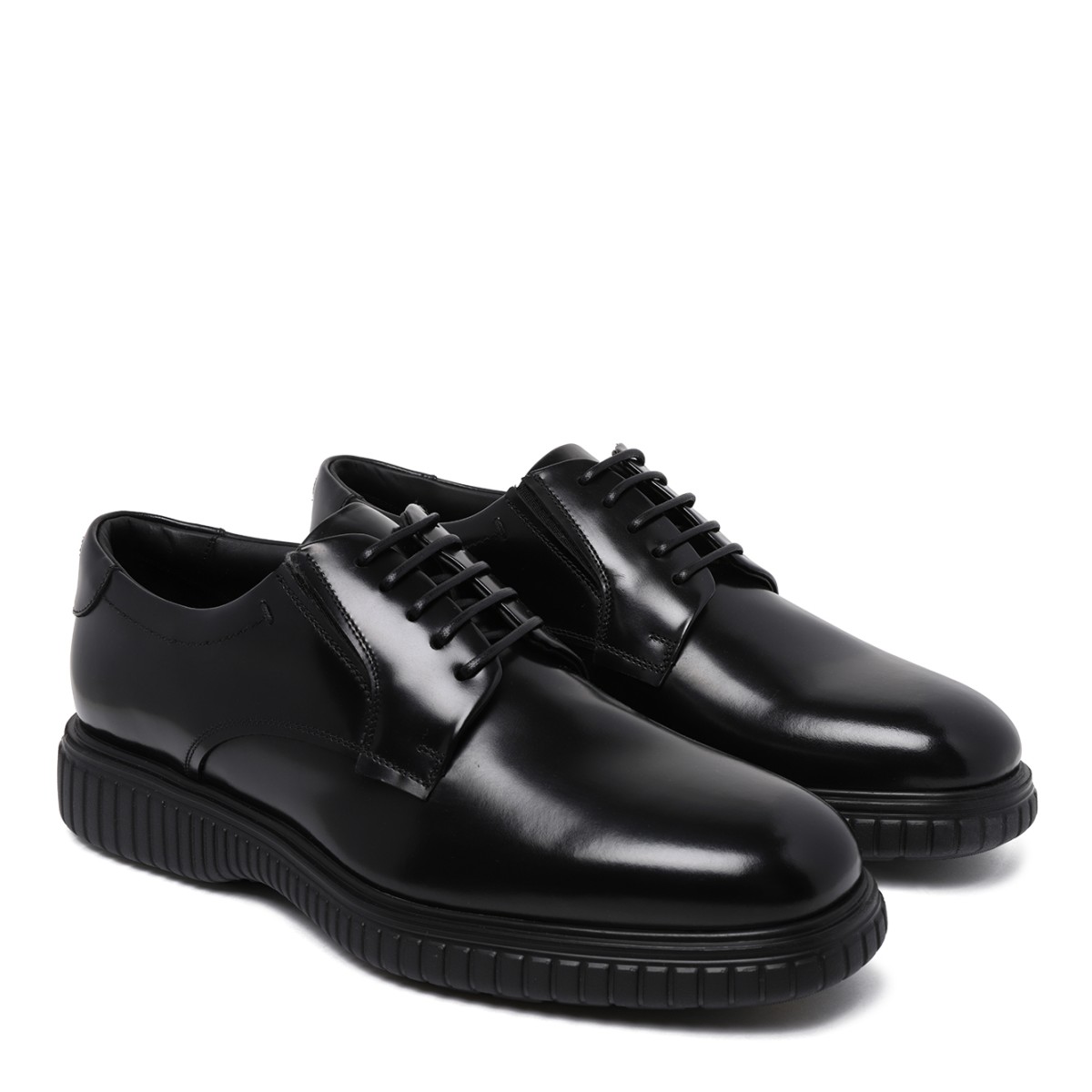 Ferragamo Black Leather Derby Shoes.