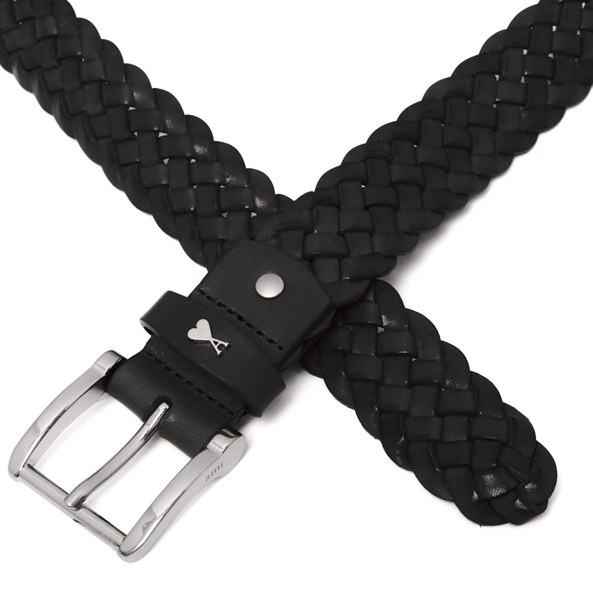 AMI Paris Black Braided Leather Belt.