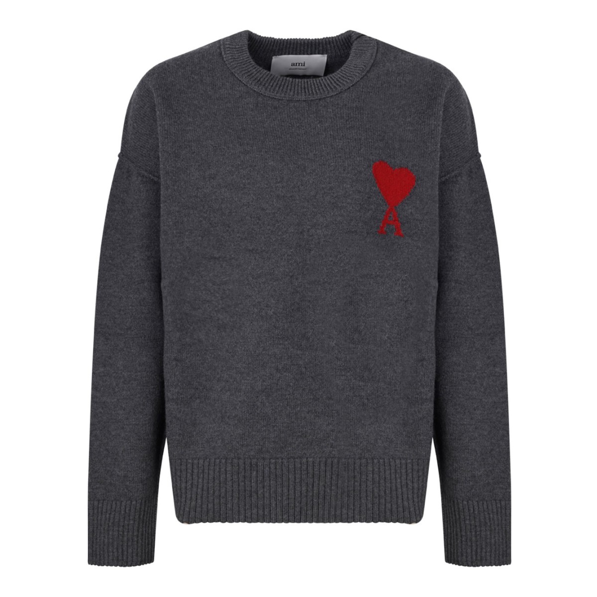 AMI Paris Grey Wool Knit Sweater with Ami de Cur Logo.