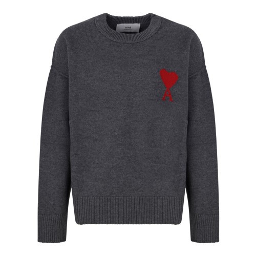 AMI Paris Grey Wool Knit Sweater with Ami de Cur Logo.