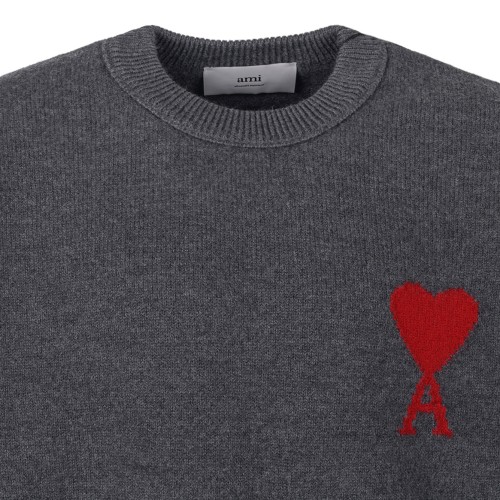 AMI Paris Grey Wool Knit Sweater with Ami de Cur Logo.