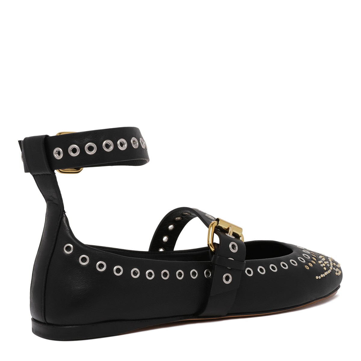 Isabel Marant Black Embellished Ankle-Strap Ballet Flats.