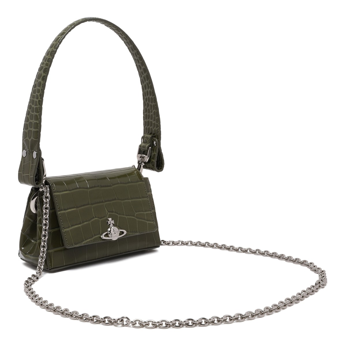 Vivienne Westwood Khaki Green Croc-Effect Shoulder Bag.