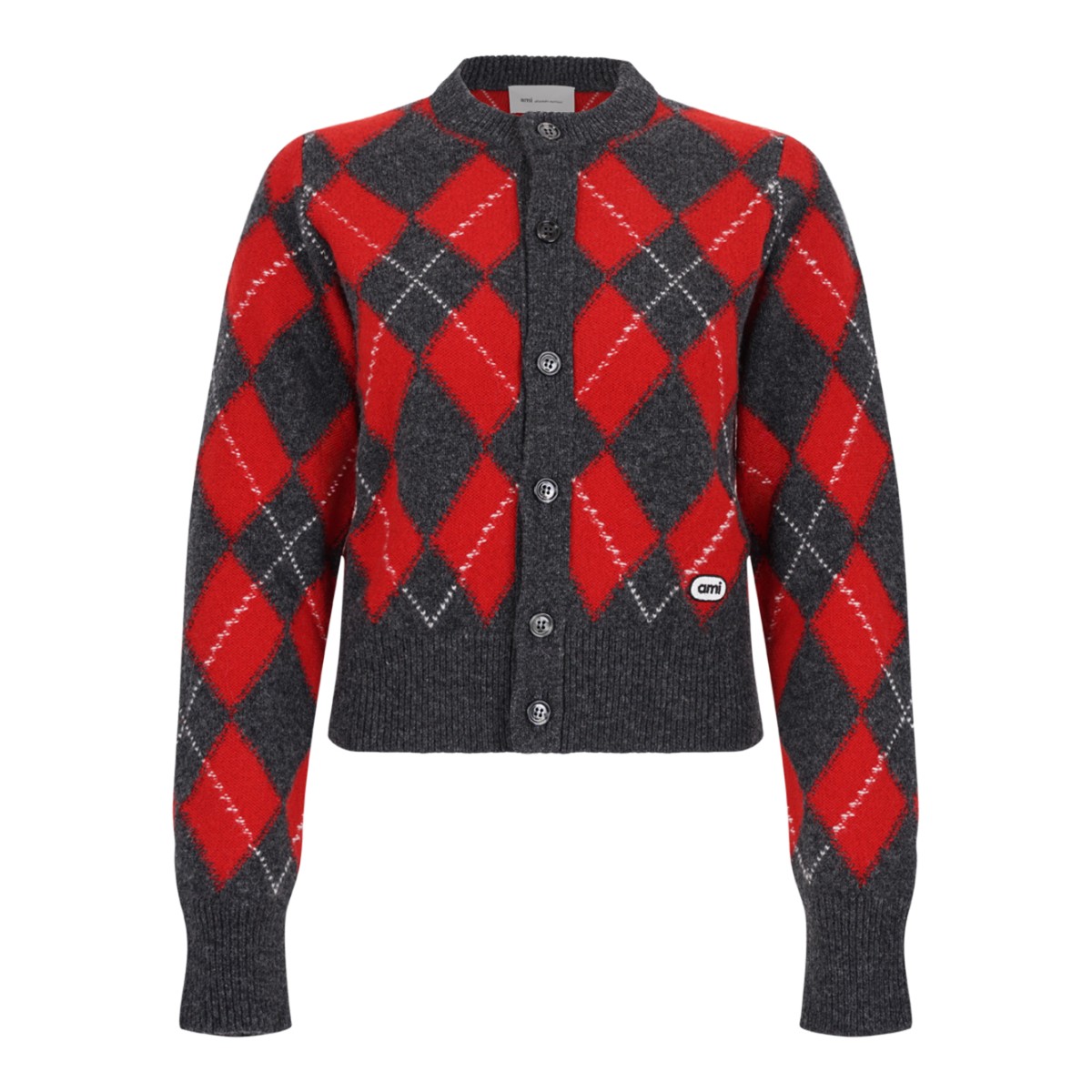 Red and Grey Argyle Cardigan.