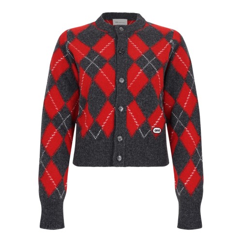 Red and Grey Argyle Cardigan.