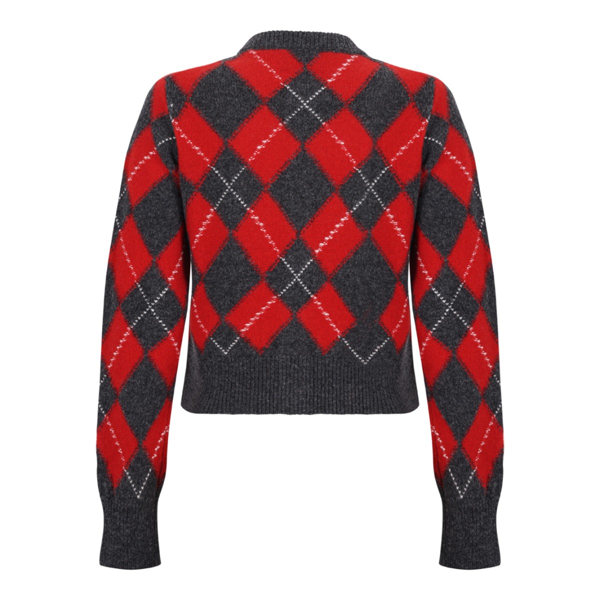 Red and Grey Argyle Cardigan.