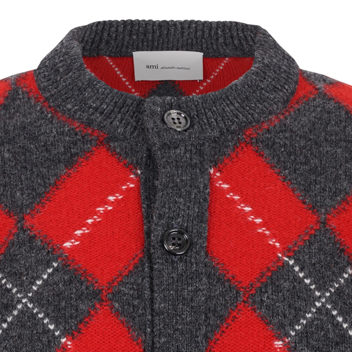 Red and Grey Argyle Cardigan.