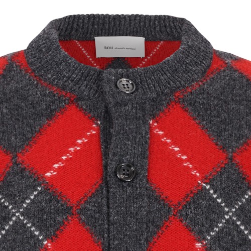 Red and Grey Argyle Cardigan.