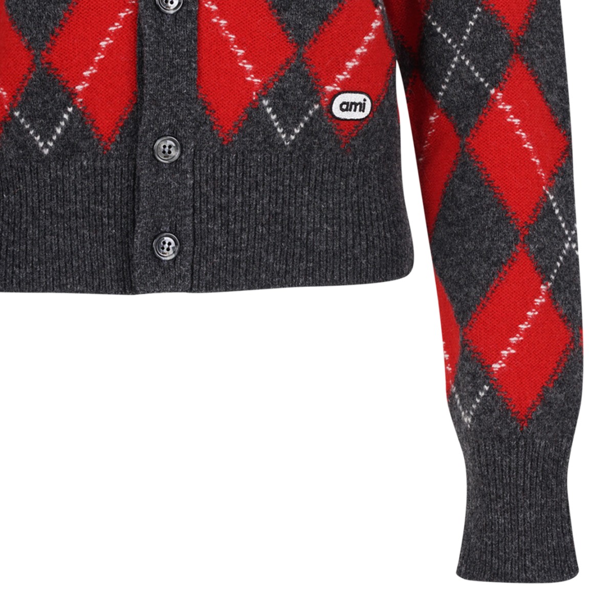 Red and Grey Argyle Cardigan.