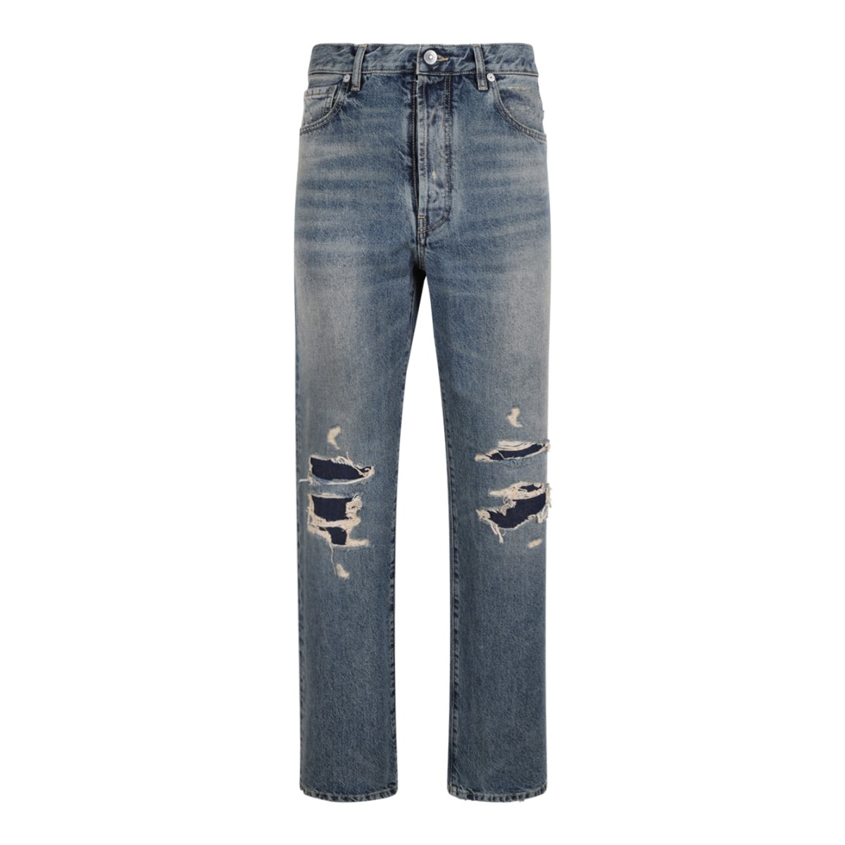 Blue Distressed Straight-Leg Jeans