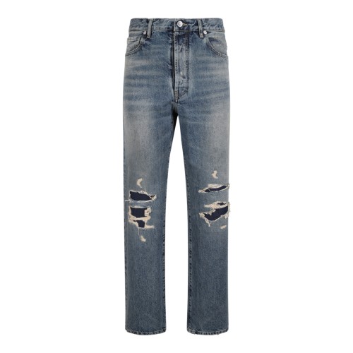 Blue Distressed Straight-Leg Jeans