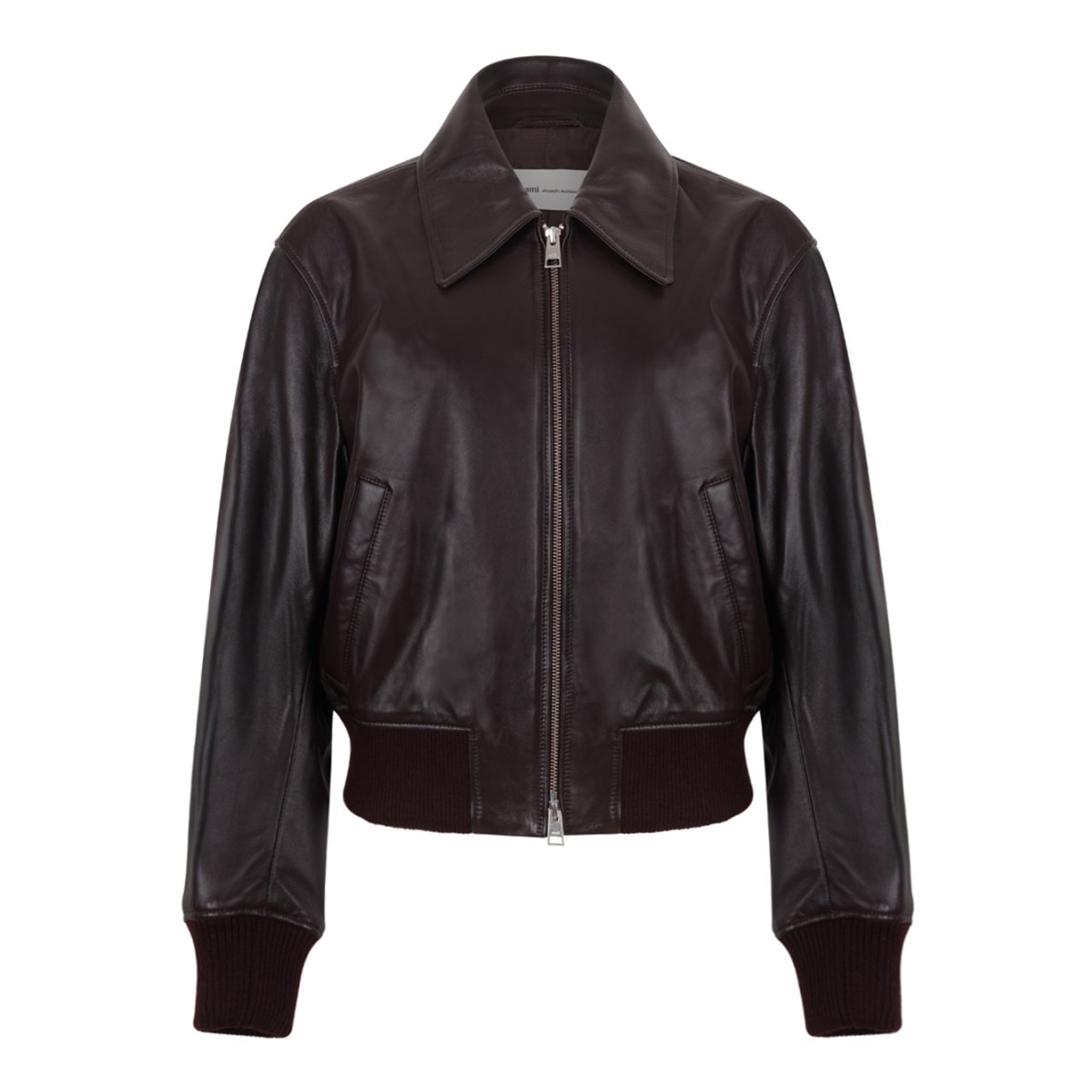 Dark Brown Leather Bomber Jacket.
