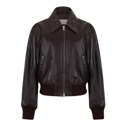 Dark Brown Leather Bomber Jacket.