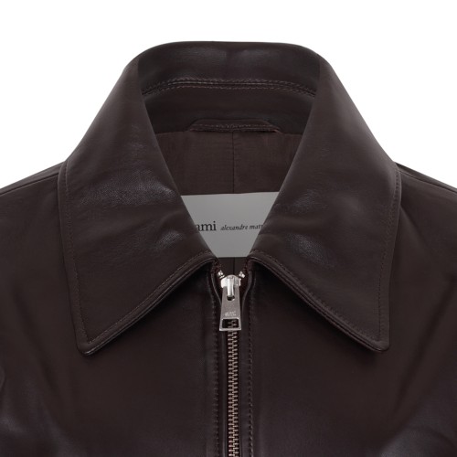 Dark Brown Leather Bomber Jacket.