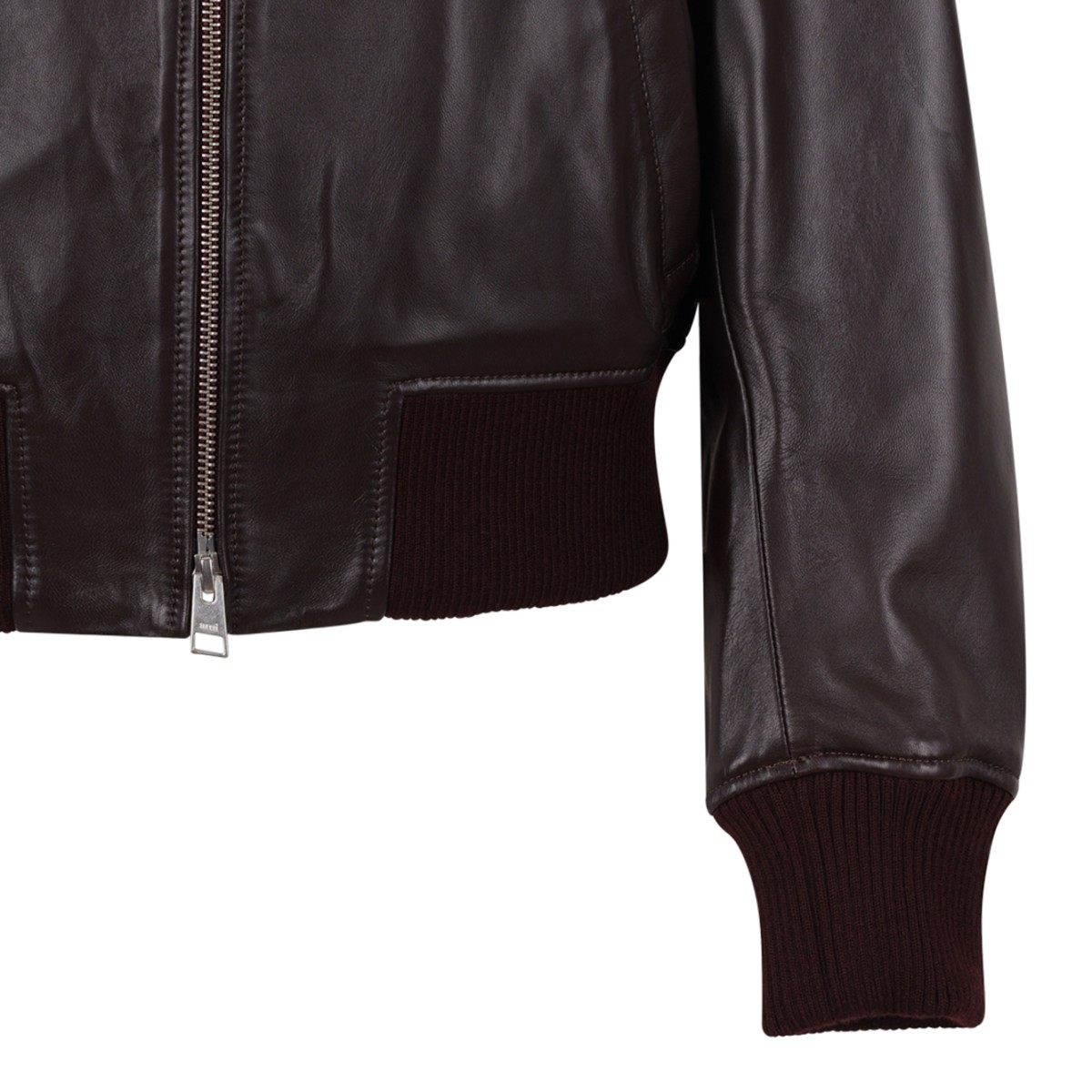 Dark Brown Leather Bomber Jacket.