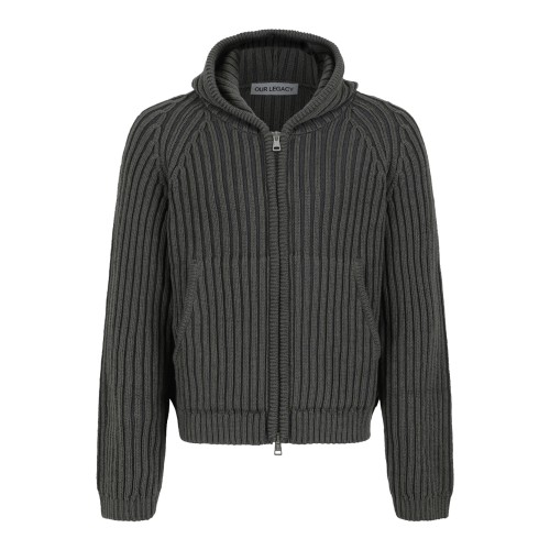 Our Legacy Dark Grey Ribbed Zip-Up Hoodie.
