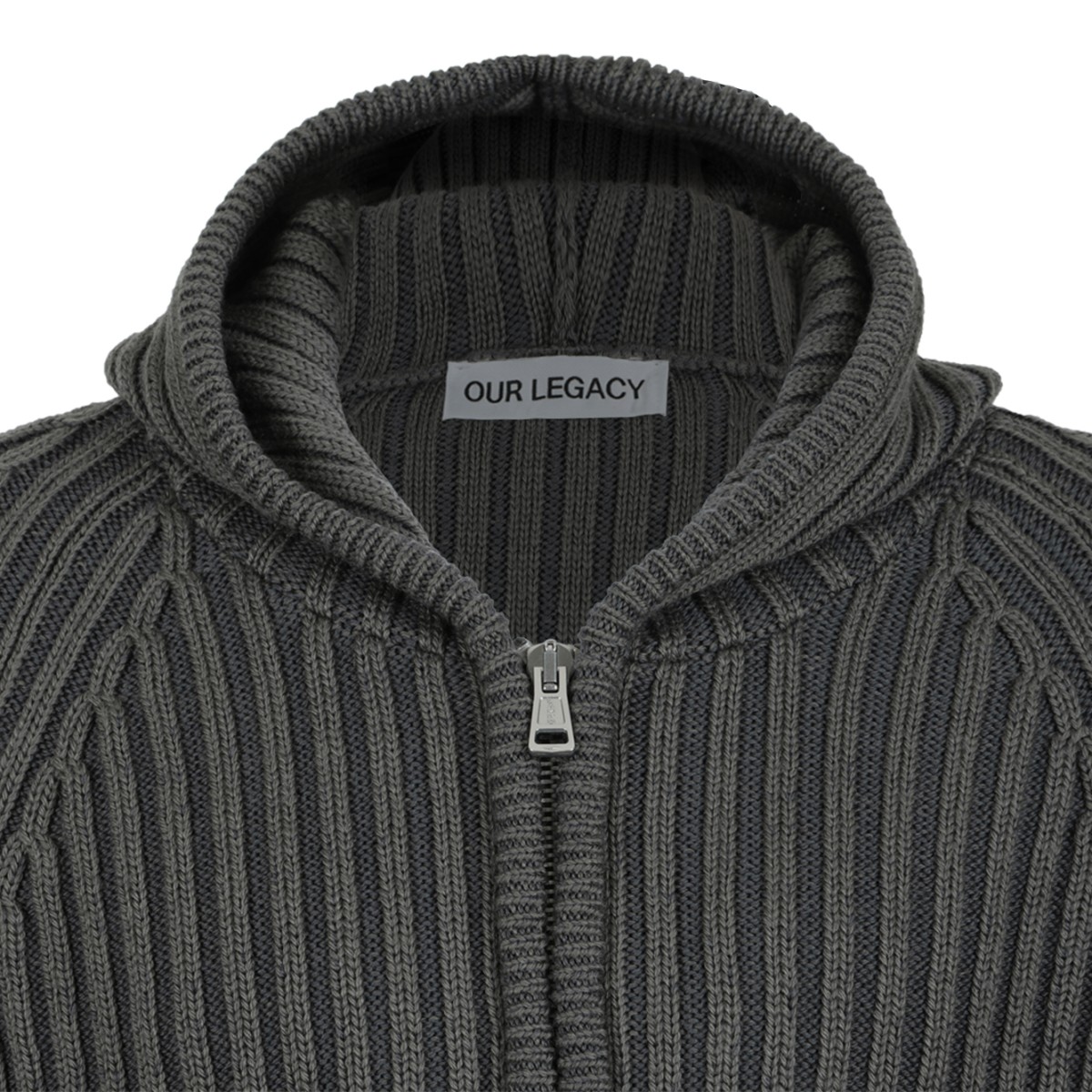Our Legacy Dark Grey Ribbed Zip-Up Hoodie.