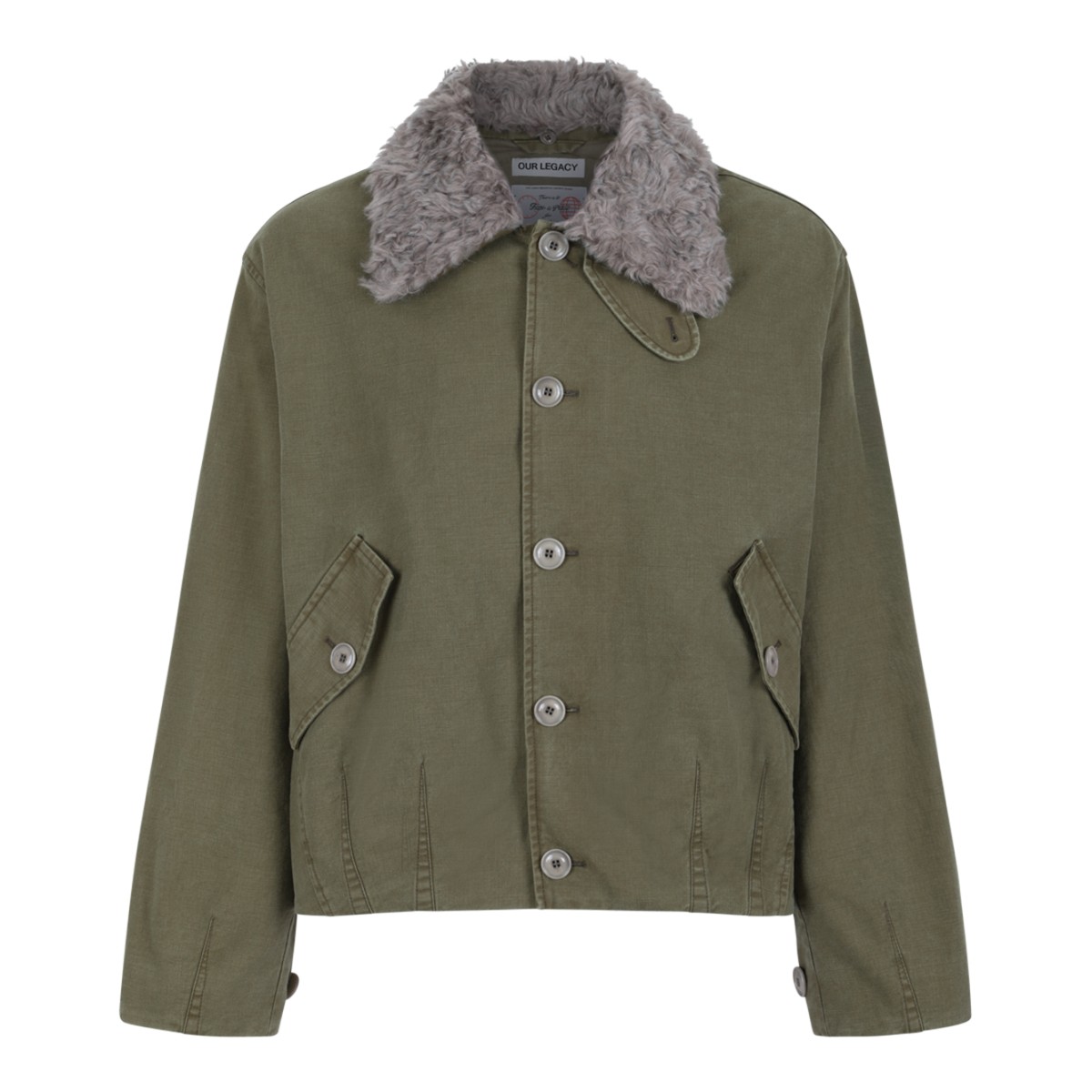 Our Legacy Khaki Green Shearling Collar Jacket.