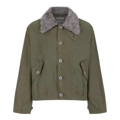 Our Legacy Khaki Green Shearling Collar Jacket.