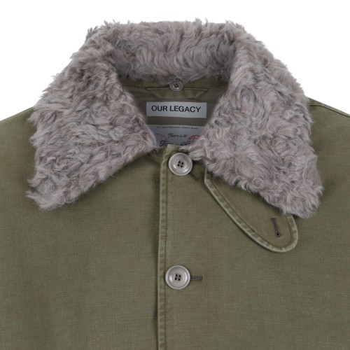 Our Legacy Khaki Green Shearling Collar Jacket.