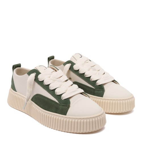 White and Green Low-Top Platform Sneakers