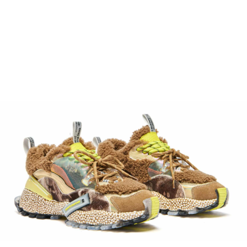 Beige and Yellow Chunky Sneakers.