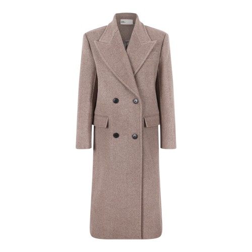 Taupe Double-Breasted Long Coat.