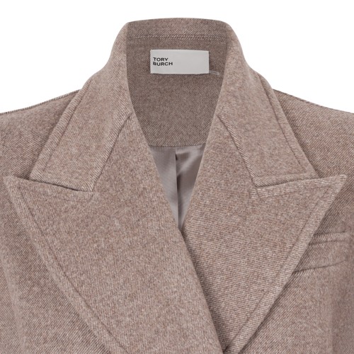 Taupe Double-Breasted Long Coat.