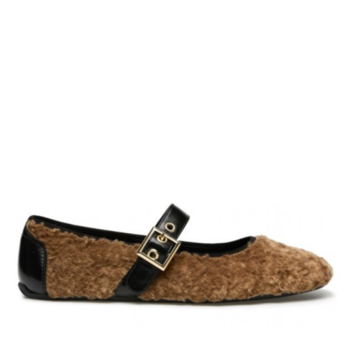 Candice Cooper Brown Shearling Mary Jane Flats.