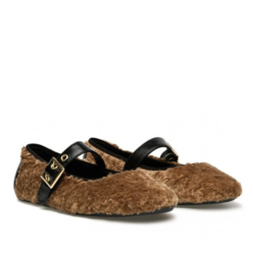 Candice Cooper Brown Shearling Mary Jane Flats. 2