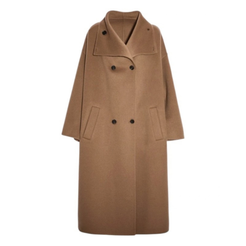 Camel Double-Breasted Long Coat.