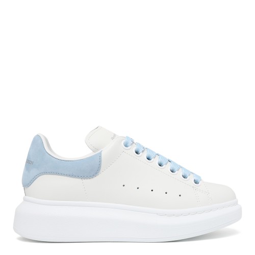 Alexander McQueen White Leather Oversized Sneakers with Light Blue Heel Tab.