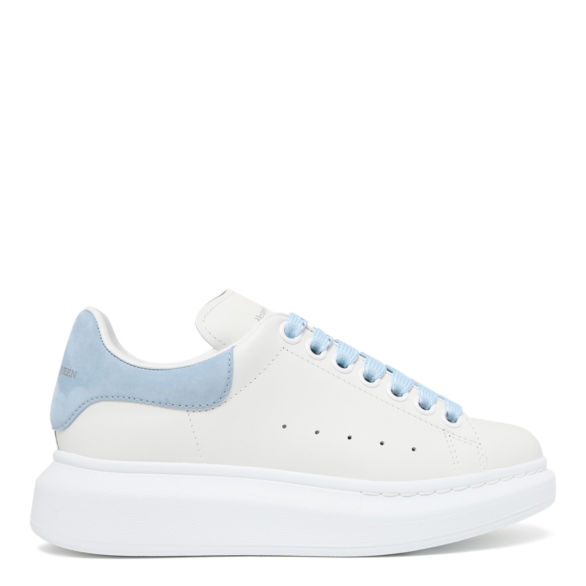 Alexander McQueen White Leather Oversized Sneakers with Light Blue Heel Tab.