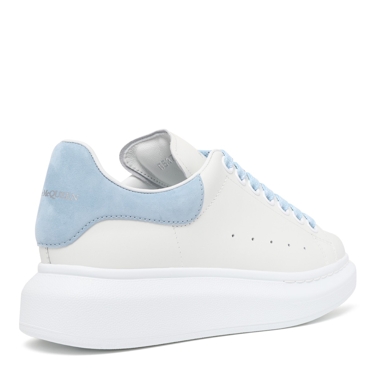 Alexander McQueen White Leather Oversized Sneakers with Light Blue Heel Tab.