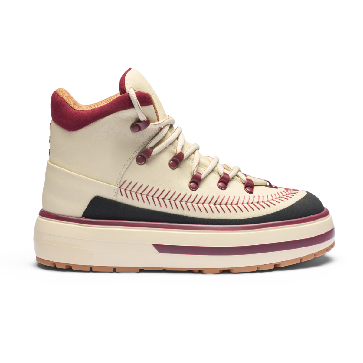 Cream and Burgundy High-Top Sneakers.