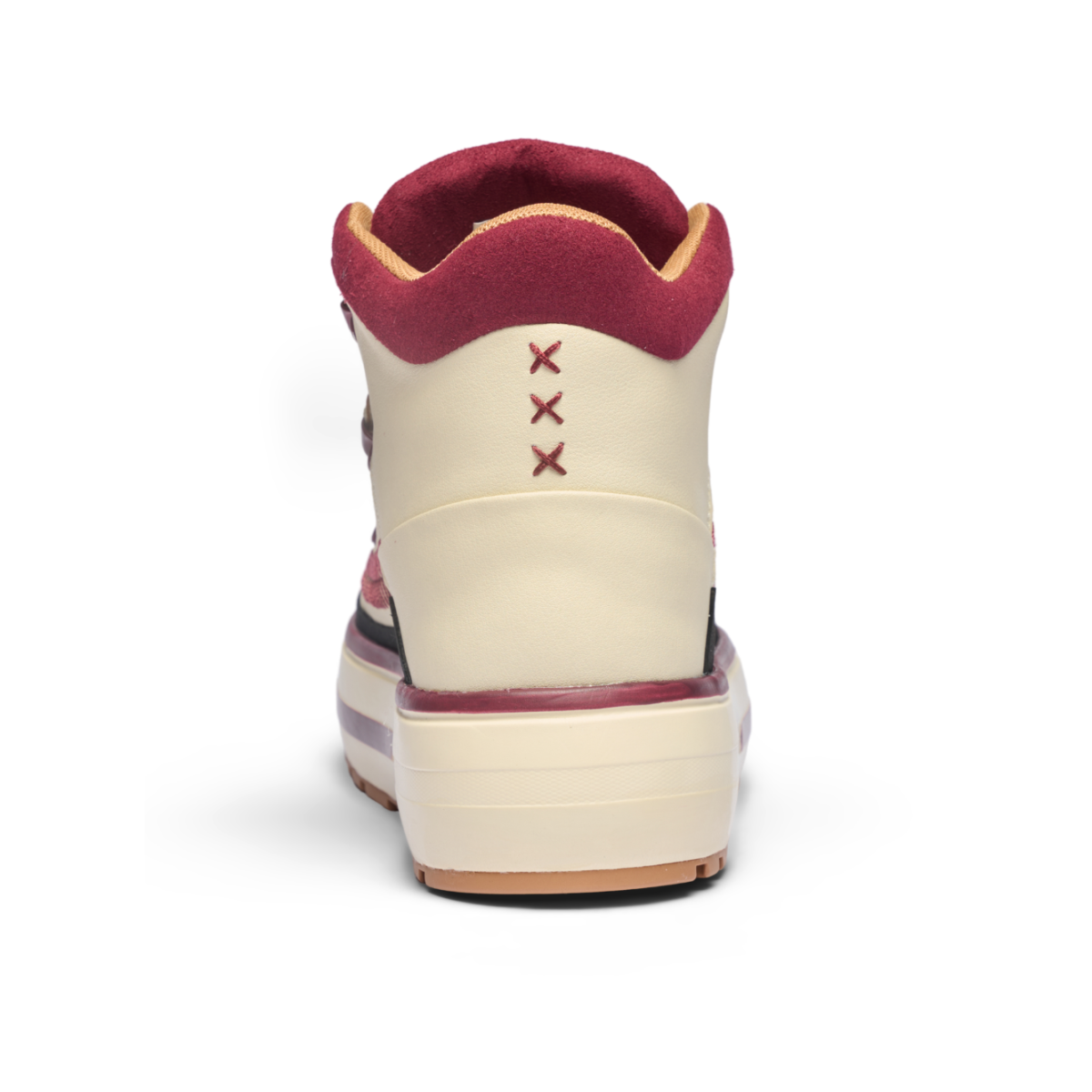 Cream and Burgundy High-Top Sneakers.