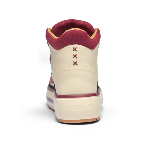 Cream and Burgundy High-Top Sneakers.