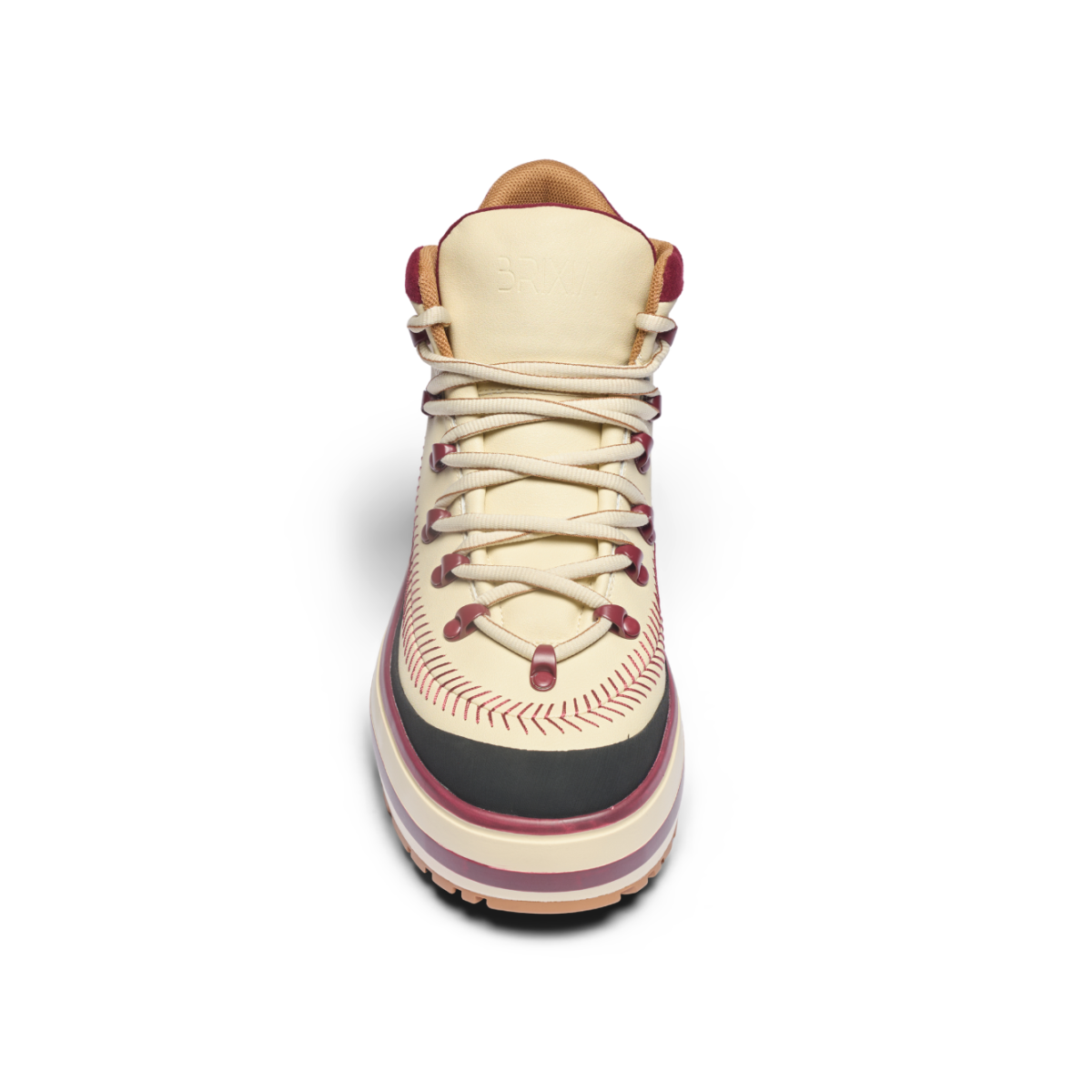 Cream and Burgundy High-Top Sneakers.