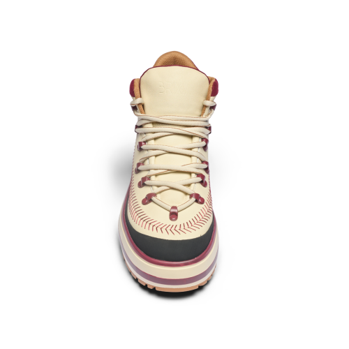 Cream and Burgundy High-Top Sneakers.